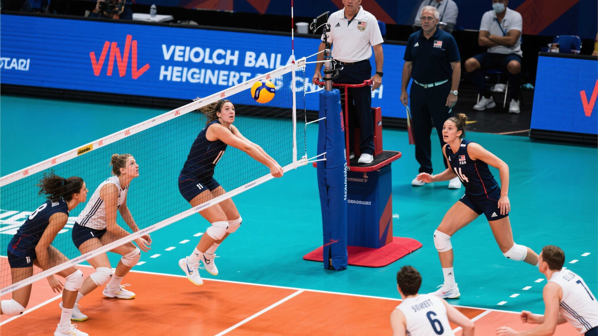 巅峰对决:2025世界女排联赛分站赛第二周 法国迎战美国 进入第二、三局后,美国及其教练组展示出多年来丰富经